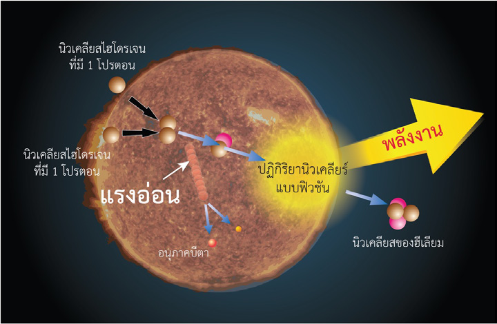 แรงอ่อนทำให้เกิดการสลายให้บีตาที่เป็นกลไกสำคัญของปฏิกิริยานิวเคลียร์เกิดฟิวชันบนดวงอาทิตย์