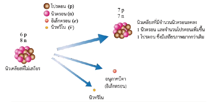 นิวเคลียสที่ไม่เสถียรเปลี่ยนไปเป็นนิวเคลียสที่มีเสถียรภาพมากกว่า โดยการแผ่รังสีหรือปล่อยอนุภาคบีตา