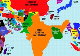 ถ้าแผนที่โลกมีมาตราส่วนตามขนาดประชากรของแต่ละประเทศ ... รูปภาพ 1